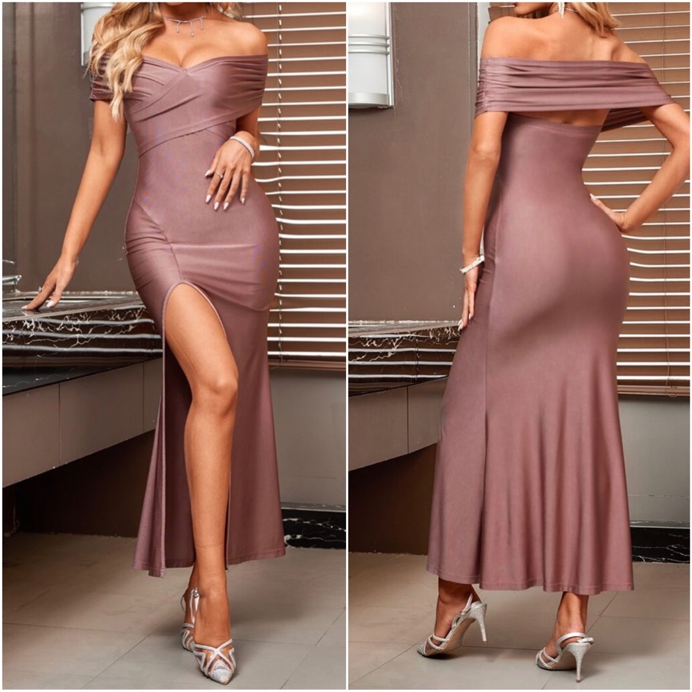 Off Shoulder formal party evening wedding prom Luxe dress - Picture 3 of 4